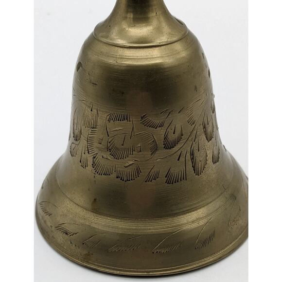 VTG Hand Held Brass w Wood Handle School Dinner Bell 9" India Signal Etched NICE - Picture 8 of 12